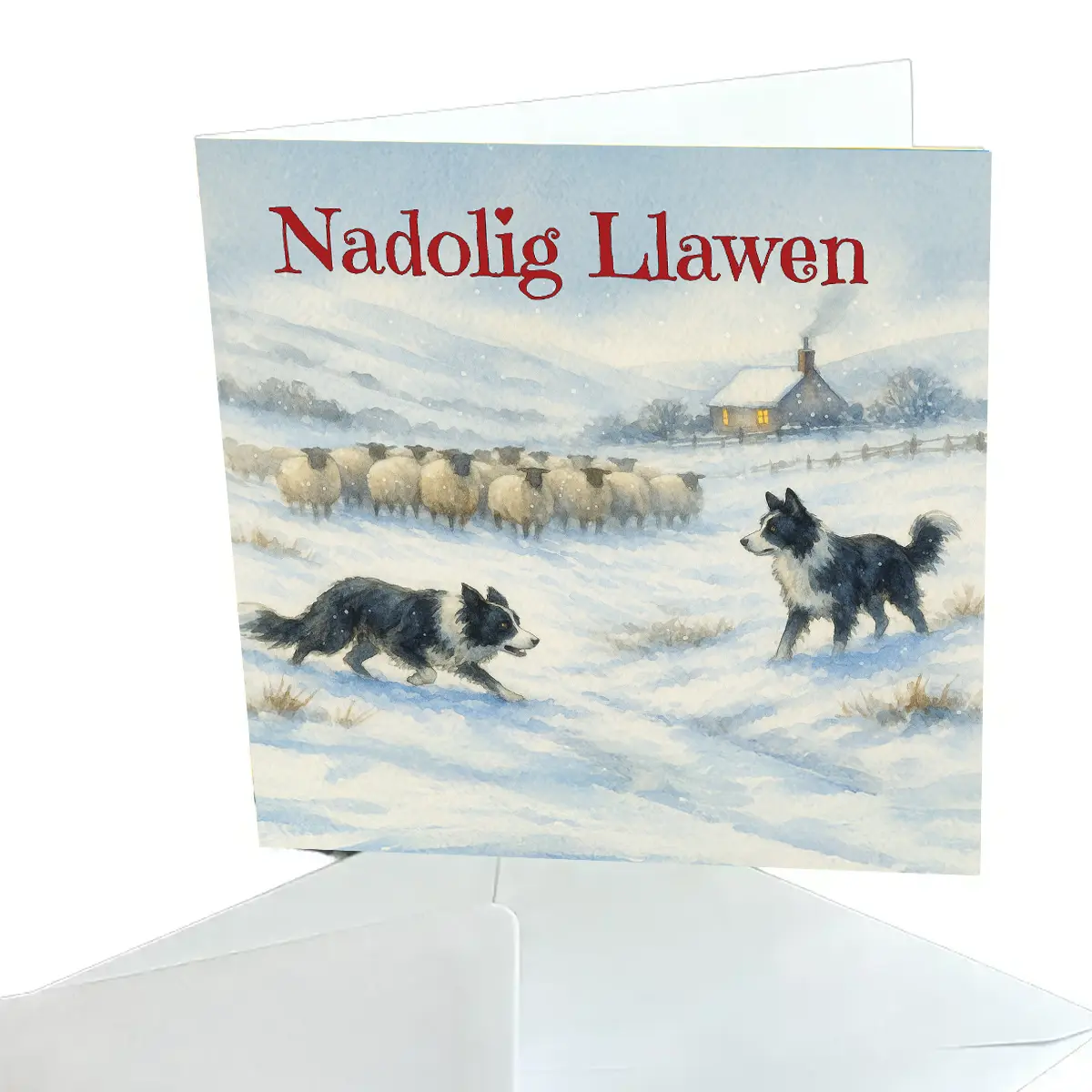 Christmas Card - Nadolig Llawen (Sheep & dogs in the snow)